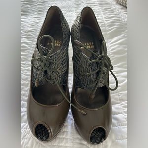 Stuart Weitzman Fausto Pepper Snake Open Tie Platform Khaki Bootie